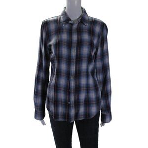 Shirt Womens Cotton Collar Long Sleeve Button Up Plaid Shirt Blue Size S